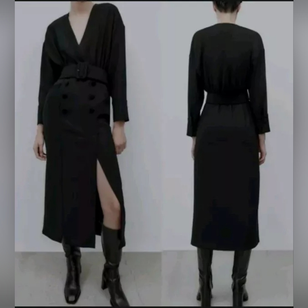 NWT  Zara  Women Black Belted Long Sleeve MIDI